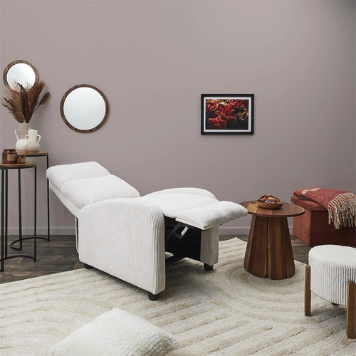 Rozkládací křeslo do obýváku Intesi Recliner Dream bílý manšestr moderní s podnožkou