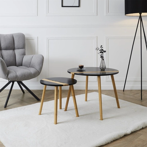 Sada 2 kulatých konferenčních stolků Paraiba černý bambus skandinávský do obýváku 2v1