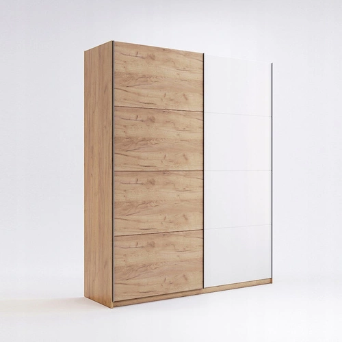 Posuvná skříň Tissa 150 cm moderní bílá s dubem do ložnice s policemi a tyčí