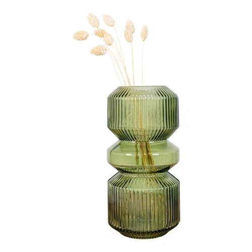 House Nordic zelená skleněná rýhovaná váza 25 cm dekorativní do obýváku