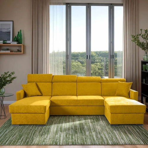 Rohová rozkládací sedačka Mils U hořčicová moderní do obýváku s úložným prostorem