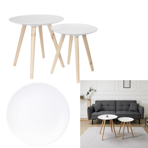 Sada 2 kulatých konferenčních stolků Intesi bílá/přírodní skandinávský dřevěný 2v1 do obýváku