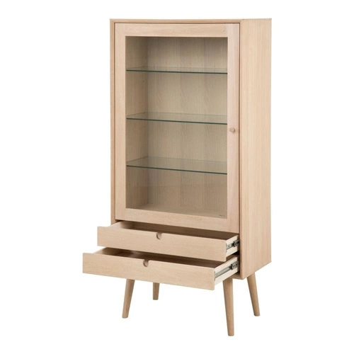 Moderní vitrína na knihy se zásuvkami Century bělený dub sklo do obýváku 143 cm Actona