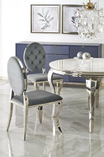 Čalouněná sametová židle Royale šedá glamour do jídelny se stříbrnými nohami Intesi