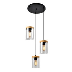 Wels závěsná lampa deska černá+dřevo 3x40W E27 kouřové stínidlo