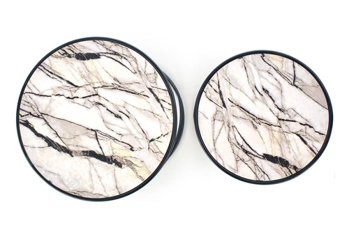 Sada 2 kulatých konferenčních stolků Chaletz bílý mramor moderní do obýváku 2v1