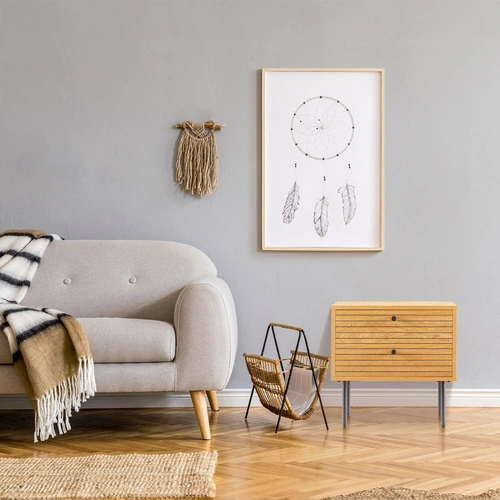 Noční stolek Lattes 50x40 cm se 2 zásuvkami ve skandinávském stylu, přírodní dub a černý kov