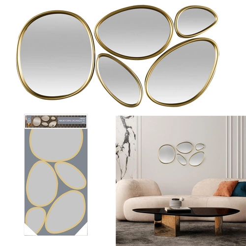 Sada 5 oválných dekorativních zrcadel Organic Shape ve zlatém rámu do obýváku Intesi