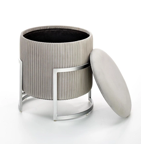 Sametový kulatý taburet Darbi se skrytým úložným prostorem světle šedý do obýváku moderní glamour 46 cm