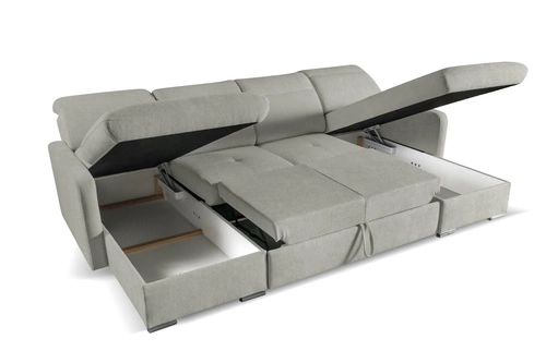 Velká rohová sedačka do U Limi s rozkladem a úložným prostorem šedá moderní do obýváku