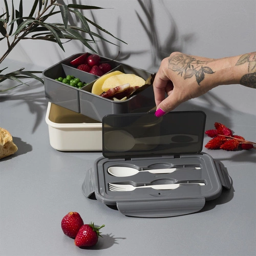 Lunchbox Intesi Single šedý s nádobou 2,5 l a příbory do práce nebo školy, moderní