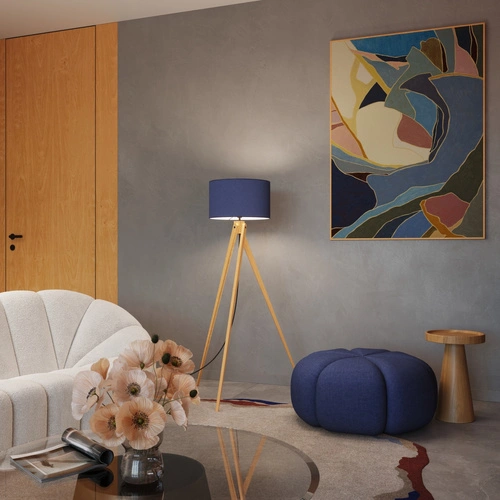Stojací lampa do obýváku NATT moderní dřevěná modrá s textilním stínidlem 140 cm