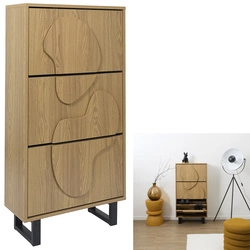 Vysoká botníková skříň Calypso Intesi boho dub s černou podstavou a dekorativními dvířky do předsíně