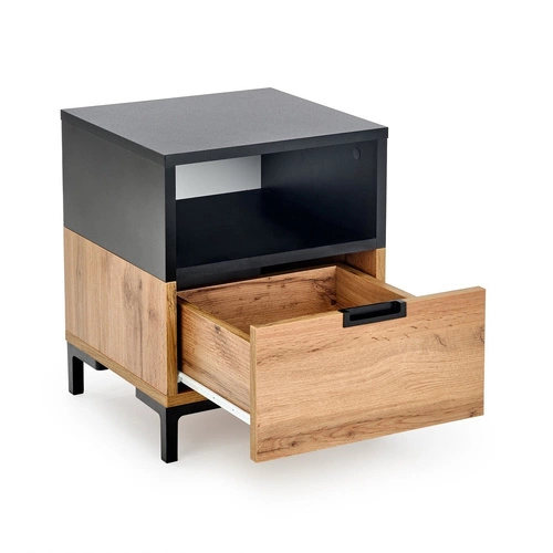 Noční stolek Intesi Tisaia 40 cm dub wotan/černá se zásuvkami, moderní styl do ložnice