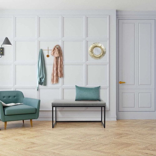 Čalouněná lavice Donore šedá sametová do předsíně glamour na černých nohách Intesi