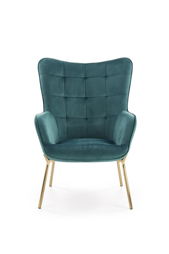 Moderní zelené křeslo ušák Cabres do obýváku s područkami na zlatých nohách