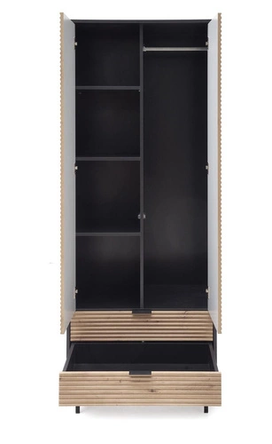 Moderní šatní skříň Nihala dub artisan černá s policemi do ložnice hloubka 53 cm