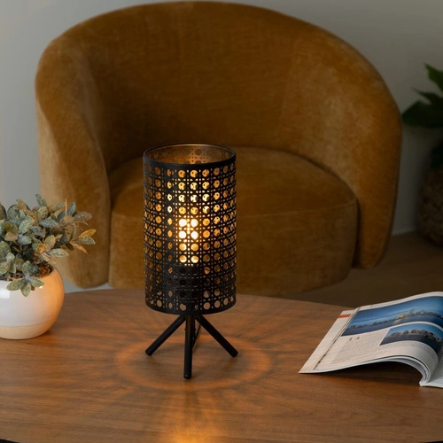 Noční lampička Katel černá kovová z technoratanu do ložnice, moderní stolní lampa