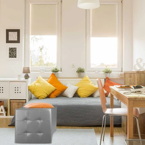 Skládací taburet s úložným prostorem Intesi Vels šedý čtvercový z eko kůže do předsíně 38x38 cm