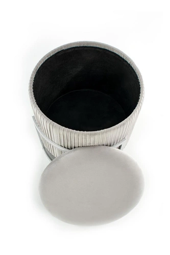 Sametový kulatý taburet Darbi se skrytým úložným prostorem světle šedý do obýváku moderní glamour 46 cm