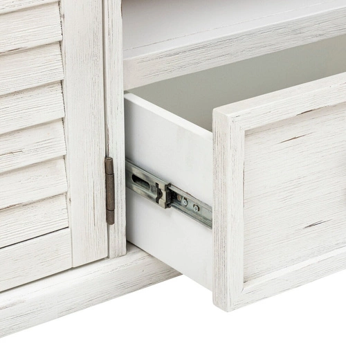 TV stolek Olbia bílý dřevěný 140 cm do obýváku s policemi a zásuvkou Atmosphera