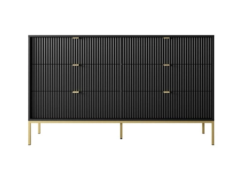 Černá rýhovaná komoda Delicious se 6 zásuvkami na zlatých nožkách glamour do obýváku 154 cm