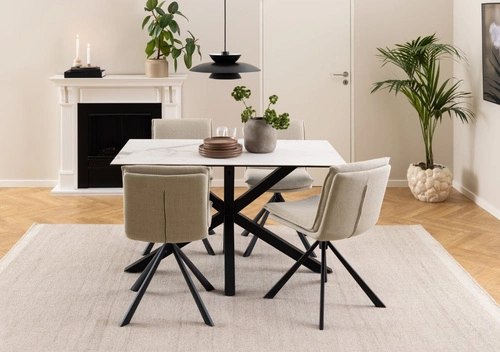 Moderní jídelní stůl Heaven 135x80 cm bílá keramická deska černé kovové nohy Actona