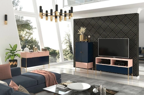 Vysoká glamour komoda se zásuvkou a skříňkami Polka Navy Blue/Pink 120 cm do obýváku SKANDICA