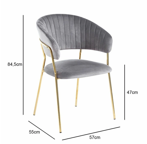 Jídelní židle Glamour Intesi čalouněná sametová šedá s područkami na zlatých nohách