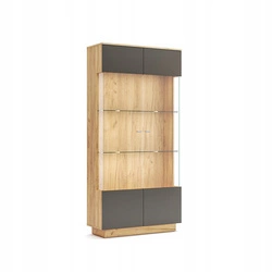 Moderní prosklená vitrína Lana dub šedý s osvětlením 100 cm do obýváku a jídelny