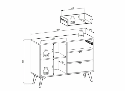 Komoda Sage glamour se zásuvkami a skříňkou v rybí kostce na nožkách do obýváku 106 cm