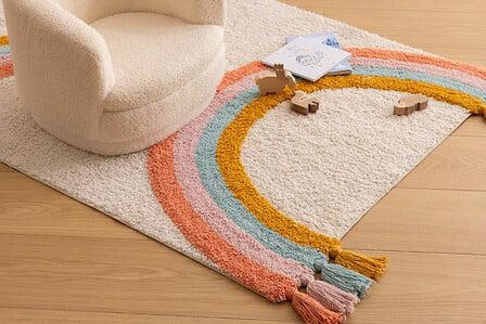 Béžový bavlněný boho koberec Rainbow 100x150 do dětského pokoje