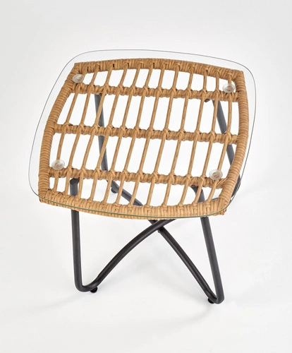 Konferenční stolek Surabaya čtvercový boho ratanový se skleněnou deskou černý do obýváku 51x51 cm