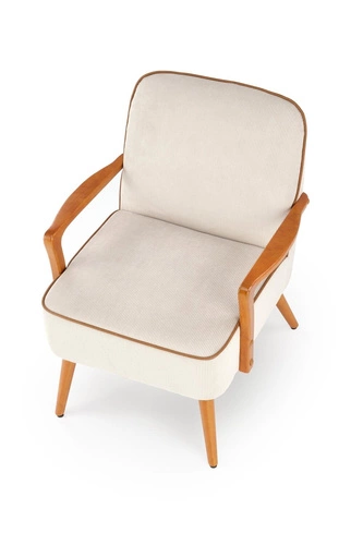 Odpočinkové křeslo Grejs béžové skandinávské do obýváku z látky na dřevěných nohách