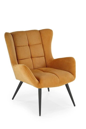 Křeslo ušák Wallace hořčicové do obýváku moderní čalouněné s područkami