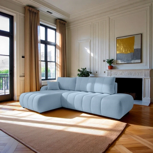 Rohová rozkládací pohovka levá Hobro modrá moderní do obýváku s úložným prostorem