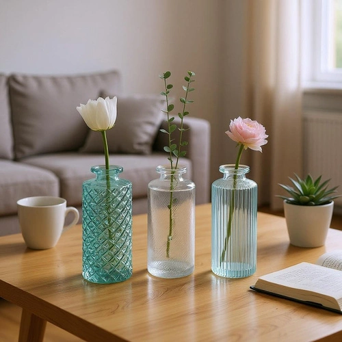 Sada tří skleněných váz Atmosphera modré moderní dekorativní na květiny