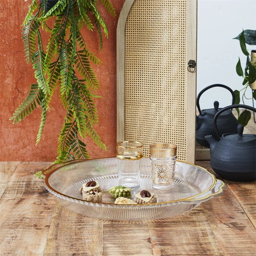 Oválný dekorativní podnos Mirage 38,5 cm transparentní se zlatým okrajem Intesi na servírování