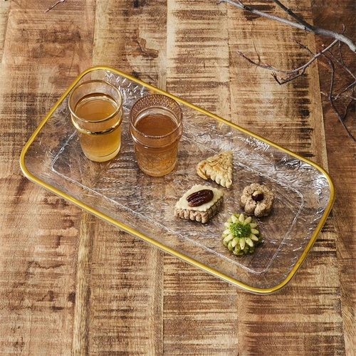 Dekorační kulatý podnos Mirage Intesi 34 cm průhledný se zlatým okrajem na servírování