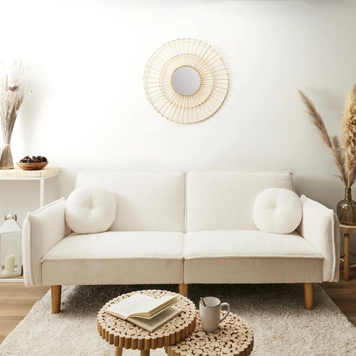 Rozkládací pohovka s funkcí spaní Boghena béžová skandinávská dvoumístná do obýváku na vysokých nožkách