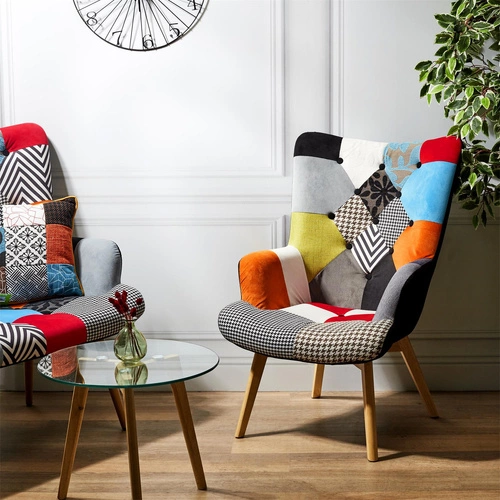 Křeslo ušák Helsinki patchwork multicolor do obýváku skandinávský s područkami Intesi