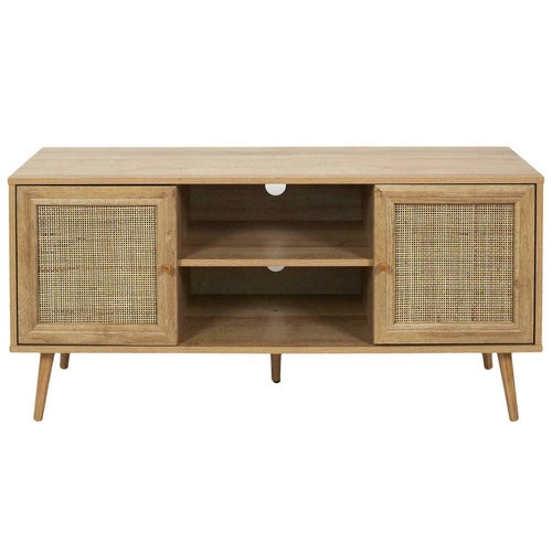 TV stolek Bali hnědý boho s pletenými dvířky 115 cm stojící do obýváku Intesi
