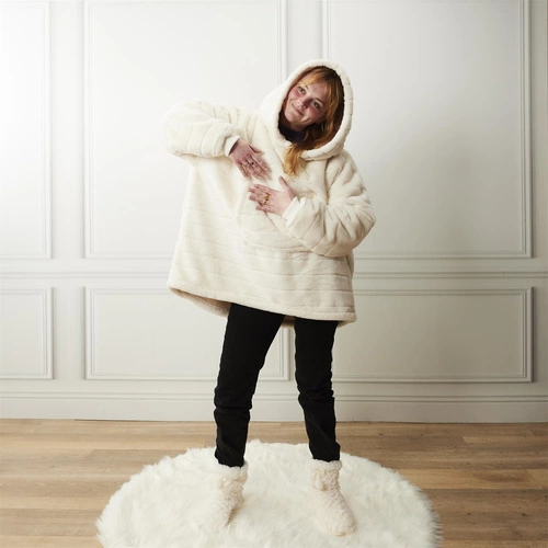 Fleecová deka s kapucí Intesi bílá teplá deka na gauč do obýváku