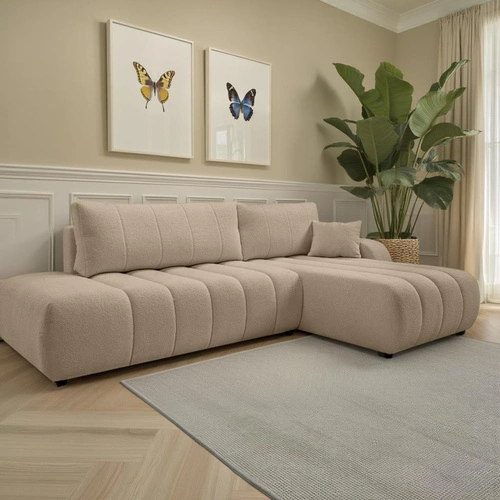 Rohová rozkládací sedačka Hobro béžová moderní pravá do obýváku s úložným prostorem