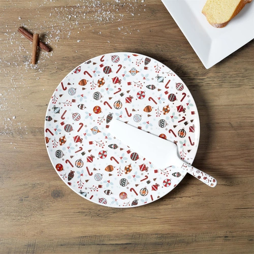 Bílý keramický dortový talíř s lopatkou Intesi Vánoční 30 cm do jídelny