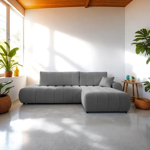 Rohová sedací souprava s rozkladem Hobro pravá šedá moderní do obýváku s úložným prostorem