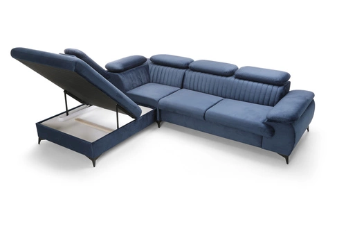 Rohová rozkládací pohovka Lund L levá, tmavě modrá, skandinávský styl, s úložným prostorem do obýváku