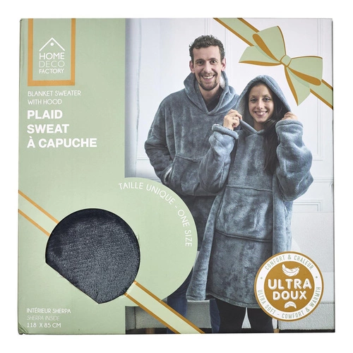 Intesi Snuddie teplá mikinová deka s kapucí šedá, měkká deka na gauč do obýváku