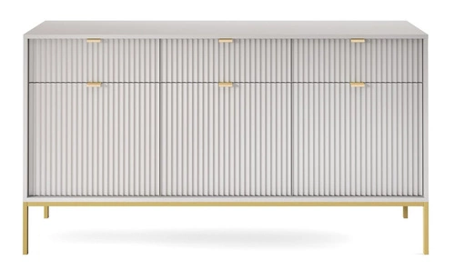Šedá rýhovaná komoda Delicious se zásuvkami 154 cm na zlatých nohách do moderního obýváku