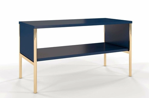 Dřevěný obdélníkový konferenční stolek modrý se zlatými nohami s policí do obývacího pokoje SKANDICA